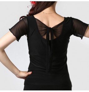 Black back bowknot short sleeves round neck women's ladies female competition performance latin ballroom tango flamenco  waltz dancing tops blouses shirts